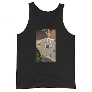 Puede incluir: Camiseta de tirantes negra con un estampado gráfico de una persona con un líquido blanco goteando de su cabeza. El texto "The Tower" y "16" son visibles. El texto "Shaka when the walls fell" también es visible.