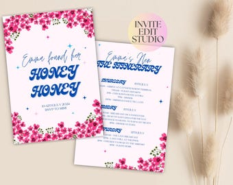 May include: A printable itinerary for a honeymoon trip with a floral border. The itinerary includes a list of activities for each day of the trip, including arrival at Gatwick North Terminal, checking into a hotel, dinner, and a hangover breakfast. The text "Emma's New Itinerary" is at the top of the page.