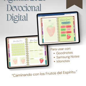 May include: Digital devotional agenda for 2026, displayed on two tablets. The agenda features a strawberry graphic and calendar pages. Text includes "Caminando con los Frutos del Esp&iacute;ritu" and instructions for use with Goodnotes, Samsung Notes, and kilonotes.