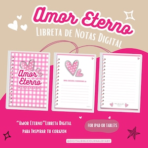 May include: A digital notebook cover with a pink and white checkered background. The cover features a pink heart with white polka dots and the text "Amor Eterno" in black. The text "Libreta de Notas" is also in black. The cover is for an iPad or tablet.