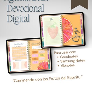 May include: Digital devotional agenda for 2026, featuring a calendar and notes pages. The design includes a strawberry and a grapefruit slice illustration. The text reads "Caminando con los Frutos del Esp&iacute;ritu." and "Para usar con: Goodnotes, Samsung Notes, kilonotes."