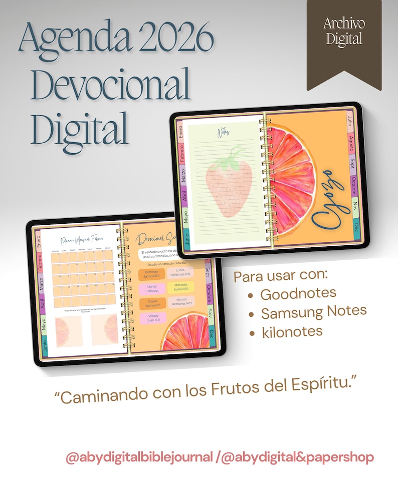 May include: Digital devotional agenda for 2026, featuring a calendar and notes pages. The design includes a strawberry and a grapefruit slice illustration. The text reads "Caminando con los Frutos del Esp&iacute;ritu." and "Para usar con: Goodnotes, Samsung Notes, kilonotes."