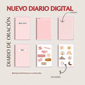 Puede incluir: Un planificador digital con p&aacute;ginas rosas y una encuadernaci&oacute;n en espiral. El planificador tiene diferentes secciones para llevar un diario, notas y pegatinas. El texto en el planificador dice "Nuevo Diario Digital" y "Diario de Oracion".
