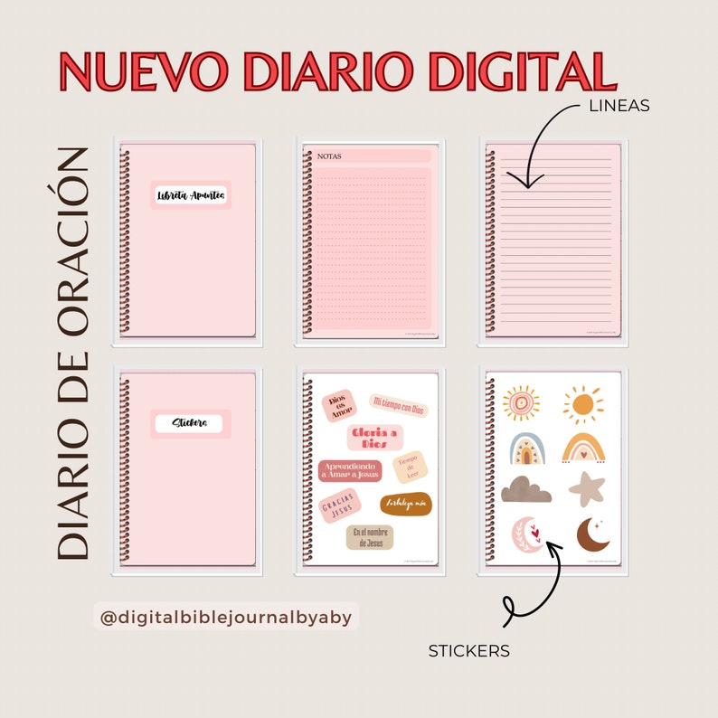 Puede incluir: Un planificador digital con p&aacute;ginas rosas y una encuadernaci&oacute;n en espiral. El planificador tiene diferentes secciones para llevar un diario, notas y pegatinas. El texto en el planificador dice "Nuevo Diario Digital" y "Diario de Oracion".