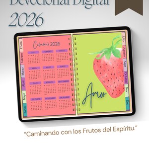 May include: Digital devotional journal for 2026, featuring a calendar and a strawberry illustration. The journal has a pink and green color scheme, with the word "Amor" written in cursive. The text "Caminando con los Frutos del Esp&iacute;ritu" is also included.