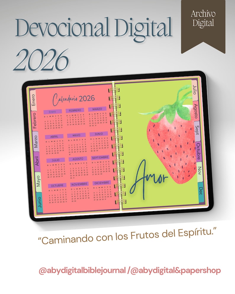 May include: Digital devotional journal for 2026, featuring a calendar and a strawberry illustration. The journal has a pink and green color scheme, with the word "Amor" written in cursive. The text "Caminando con los Frutos del Esp&iacute;ritu" is also included.