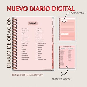 Puede incluir: Un diario digital rosa con encuadernaci&oacute;n en espiral y una portada rosa. La portada tiene el texto "Nuevo Diario Digital" y "Diario de Oracion" en blanco. El diario tiene una tabla de contenido con una lista de temas para la oraci&oacute;n y la reflexi&oacute;n. El diario tambi&eacute;n incluye una secci&oacute;n para referencias b&iacute;blicas y una secci&oacute;n para oraciones diarias.