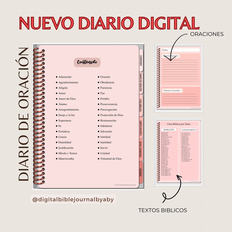 Puede incluir: Un diario digital rosa con encuadernaci&oacute;n en espiral y una portada rosa. La portada tiene el texto "Nuevo Diario Digital" y "Diario de Oracion" en blanco. El diario tiene una tabla de contenido con una lista de temas para la oraci&oacute;n y la reflexi&oacute;n. El diario tambi&eacute;n incluye una secci&oacute;n para referencias b&iacute;blicas y una secci&oacute;n para oraciones diarias.