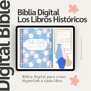 Może przedstawiać: Cyfrowy planer z niebiesko-białym wzorem kwiatowym. Planer jest otwarty na stronie z listą historycznych ksiąg biblijnych, w tym Jozue, Sędziowie, Rut, 1 Samuela, 2 Samuela, 1 Królów i 2 Królów. Tekst "Biblia Digital" jest napisany na okładce planera.