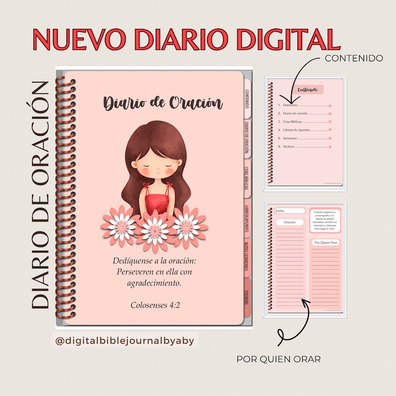 Puede incluir: Una agenda digital rosa con encuadernaci&oacute;n en espiral y una linda ni&ntilde;a de dibujos animados en la portada. La agenda se titula "Diario de Oraci&oacute;n" e incluye una cita de Colosenses 4:2. La agenda est&aacute; dise&ntilde;ada para llevar un diario de oraci&oacute;n e incluye secciones para la oraci&oacute;n diaria, el estudio de la Biblia, las notas de los sermones y las pegatinas.