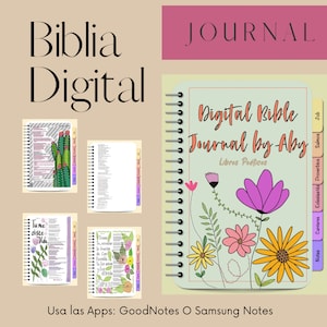 Könnte beinhalten: Digitales Bibel-Journal von Aby mit floralen Illustrationen. Das Journal hat ein hellgrünes Cover mit dem Text "Digital Bible Journal by Aby" und "Libros Poéticos". Das Journal enthält Registerkarten für verschiedene Bücher der Bibel.