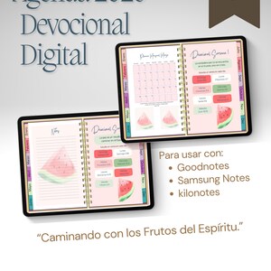 May include: Digital devotional agenda for 2026, featuring a pink and gold design with watermelon illustrations. Includes calendar pages and note sections. The text reads "Agenda 2026 Devocional Digital" and "Caminando con los Frutos del Esp&iacute;ritu."