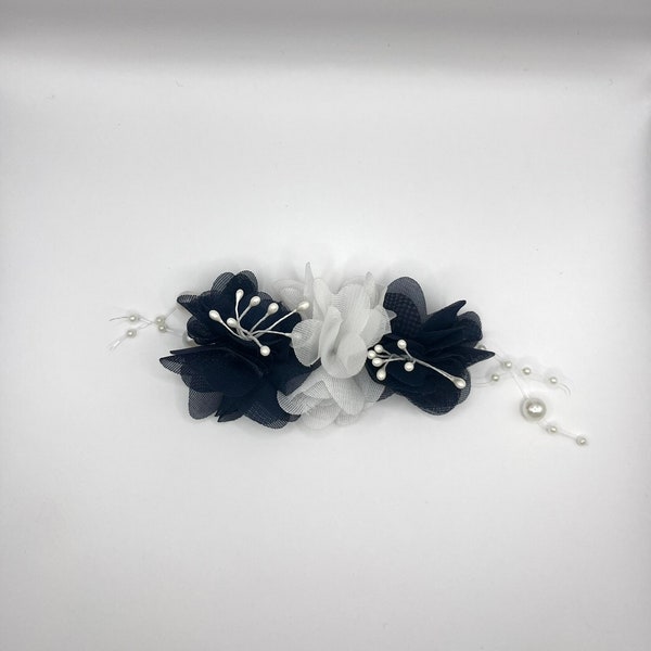 Navy Blue and White Organza Flower with Pearl Stem Alligator Hair Clip | Stylish, Fashion, Wedding, Occasions, Adult, Prom, Gift