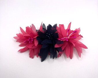 Navy Blue and Fuchsia Pink Organza Wildflower with Pearl Stem Alligator Hair Clip | Stylish, Fashion, Wedding, Occasions, Adult, Kids, Gift