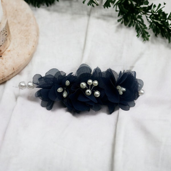 Navy Blue Organza Flower with Pearl Details Alligator Hair Clip | Wedding, Occasions, Gift, Bridesmaid, Flower Girl, Prom