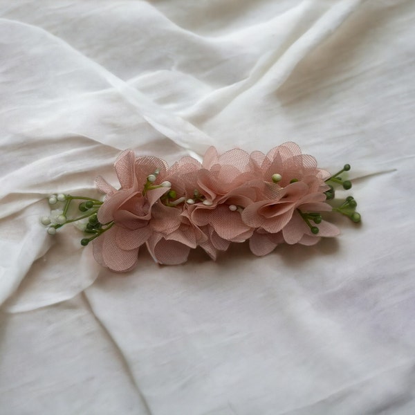 Dusky Pink Organza Flower with Stem Details Alligator Hair Clip | Wedding, Occasions, Flower Girl, Prom, Gift, Bridesmaid
