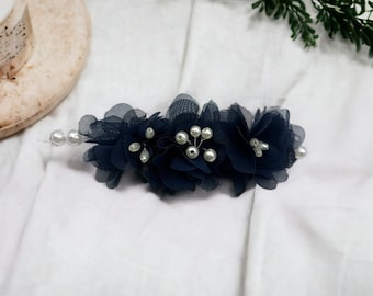 Navy Blue Organza Flower with Pearl Details Alligator Hair Clip | Wedding, Occasions, Gift, Bridesmaid, Flower Girl, Prom