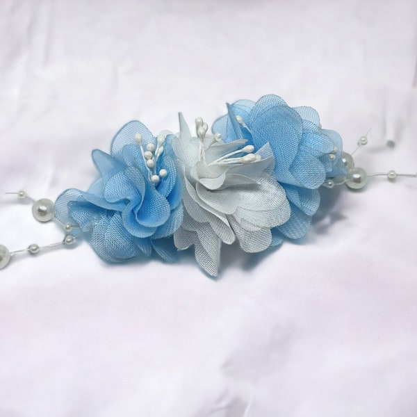 Baby Blue Organza Flower with Pearl Stem Alligator Hair Clip | Stylish, Fashion, Wedding, Occasions, Adult, Kids, Gift