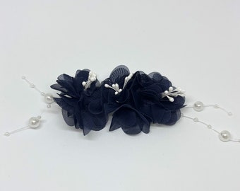 Navy Blue Organza Flower with Pearl Stem Alligator Hair Clip | Stylish, Fashion, Wedding, Occasions, Adult, Kids, Night Wear, Gift