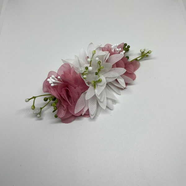 Dusky Pink and White Organza Flower with Floral Stem Alligator Hair Clip | Fashion, Wedding, Occasions, Adult, Kids, Night Wear, Gift