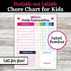 Kids Daily School Checklist, Responsibility Chart, To Do List, Editable Chore Chart, Printable PDF, Daily Routine, Homeschool Planner