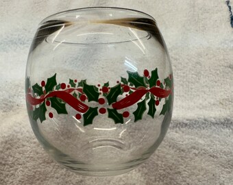 Libbey Glass Company Green & Red Holly Red Ribbon Gold Trim Roly Poly