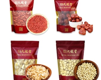 May include: Four bags of dried food products, each with a clear window, are displayed. The bags are red with gold accents and feature the text "ROYAL SEAFOOD USA" and Chinese characters. Bowls of the products are also shown.