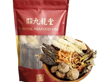 May include: A package of Royal Seafood USA products with a variety of dried mushrooms in a wooden bowl. The package is red with gold accents and Chinese characters. The bowl contains shiitake, morel, and other dried mushrooms.