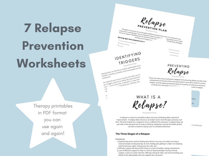 Relapse Prevention Worksheets, Mindfulness CBT, DBT, Therapist and