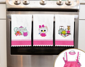 Embroidered Kitchen Towels Flour Sack 3 Piece Set -Decorative Pink Towel Holder
