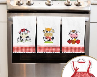 Embroidery Kitchen Towels Cow Theme Dish Towels Flour Sack 3 Piece Set - Decorative Towel Holder Bonus