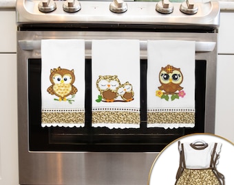 Embroidered Kitchen Towels - Cute Owls Dish Towels Flour Sack Set Towel Holder Bonus