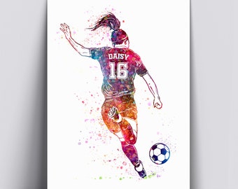 Girls Football Gifts, Personalised Soccer Player, Female Football Art Print, Custom Watercolour Wall Art For Football Fans | 1749