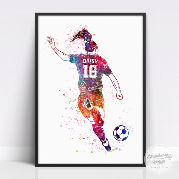 Girls Football Gifts, Personalised Soccer Player, Female Football Art Print, Custom Watercolour Wall Art For Football Fans | 1749