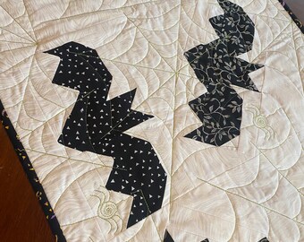 Let’s Go Batty! Quilted Batik Table Runner with black Jack O Lantern trim