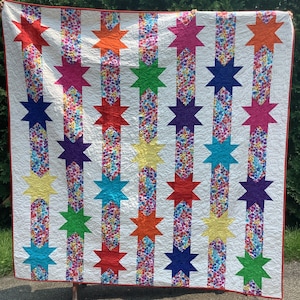Handmade Queen Sized Quilt - White Background and Bright Colorful Stars and Florals
