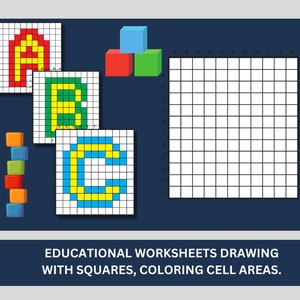 May include: Educational worksheet for drawing with squares. The worksheet shows the letters A, B, and C in a pixelated style. The letters are made up of colored squares. The worksheet also includes a grid for drawing.