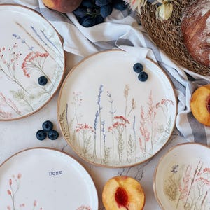 Personalised Handmade Ceramic Plate with Botanical Imprint - Custom Unique Dinnerware, Floral Table Decor, Dessert Platter, Anniversary Gift