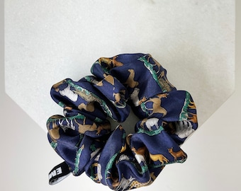 Blue animal print silk scrunchie. Luxurious silk ponytail holder. Silk hair accessories. Handmade silk hair ties. amazing hair accessories