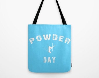 Borsa tote, Powder Day, azzurro, bianco, vita sugli sci, accessorio invernale, marsupio da sci, borsa invernale, regali per lo sci, borsa da sci, giornata sulla neve, sci sulla neve fresca