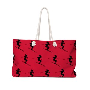 Skiers - Red Weekender Bag, Yoga Bag, Gym Bag, Large Canvas Bag with Rope Handle, Oversized Bag, Fun Birthday Bag, Ski Bag