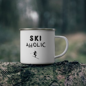 Ski Aholic - Enamel Camping Mug, Apres Ski Mug, Tailgate Party Mug, Ski Lover Gift, Skiing Mug, Metal Mug, Coffee Mug, Outdoor Mug