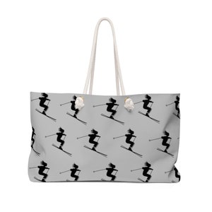 Skiers - Gray Weekender Bag, Yoga Bag, Gym Bag, Large Canvas Bag with Rope Handle, Oversized Bag, Fun Birthday Bag, Ski Bag