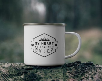 My Heart belongs to a Skier - Enamel Camping Mug, Apres Ski Mug, Tailgate Party Mug, Ski Lover Gift, Skiing Mug, Metal Mug, Coffee Mug