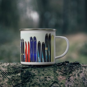 Vintage Skis - Enamel Camping Mug, Apres Ski Mug, Tailgate Party Mug, Ski Lover Gift, Skiing Mug, Metal Mug, Coffee Mug, Outdoor Mug