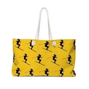 Skiers - Yellow Weekender Bag, Yoga Bag, Gym Bag, Large Canvas Bag with Rope Handle, Oversized Bag, Fun Birthday Bag, Ski Bag