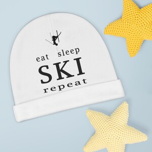 Eat Sleep Ski White Baby Beanie, Skiing Inspired Slouchy Hat, Smooth and Stretchy Baby Hat, Skiing Beanie, Newborn Baby Shower Gift