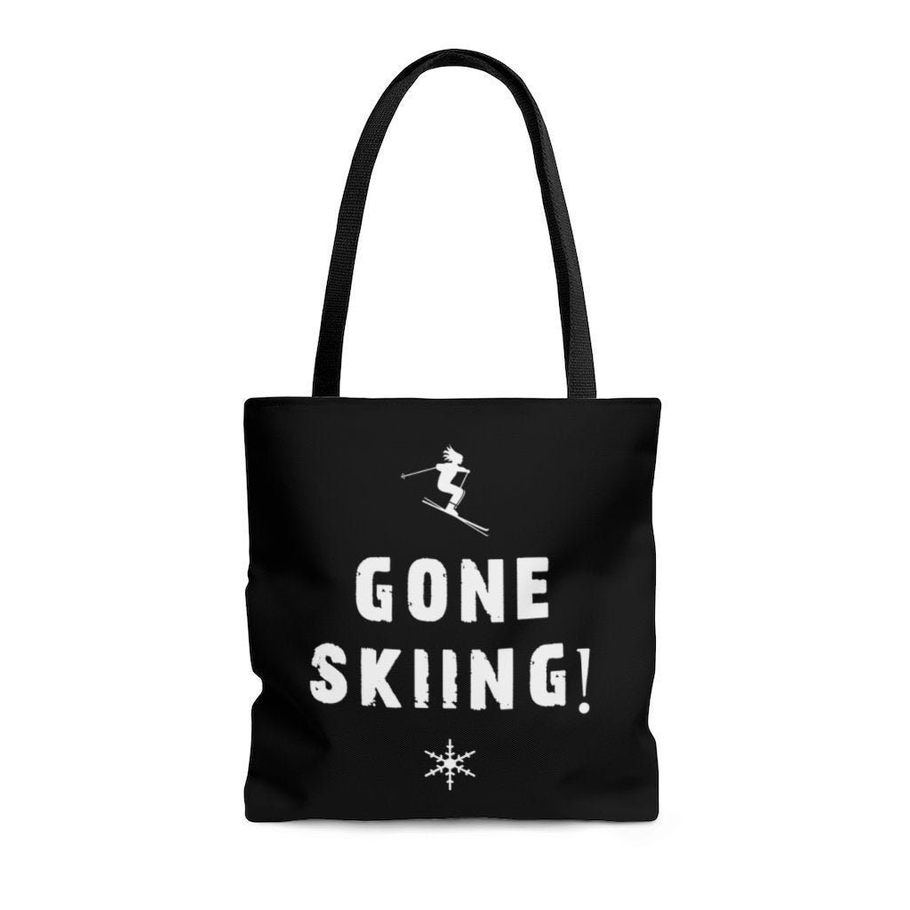 Gone Skiing Black Tote Bag, Skiing Market Bag, Summer Reusable Bag