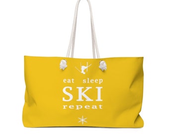 Eat Sleep SKI - Yellow Weekender Bag, Yoga Bag, Gym Bag, Large Canvas Bag with Rope Handle, Oversized Bag, Fun Birthday Bag, Ski Bag
