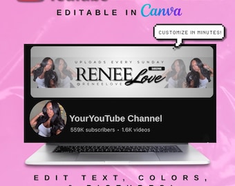 Könnte beinhalten: Ein rosa YouTube-Banner-Template mit dem Text "YouTube BANNER" und "EDITABLE IN Canva". Das Banner zeigt ein schwarz-weißes Design mit dem Text "RENEE Love" und "Your YouTube Channel". Das Banner befindet sich auf einem Laptop-Bildschirm.